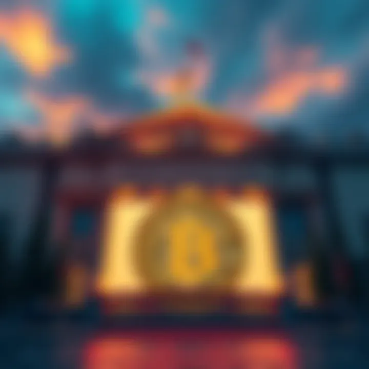 Czech Central Bank building with Bitcoin symbol in front, representing its historic purchase of Bitcoin.