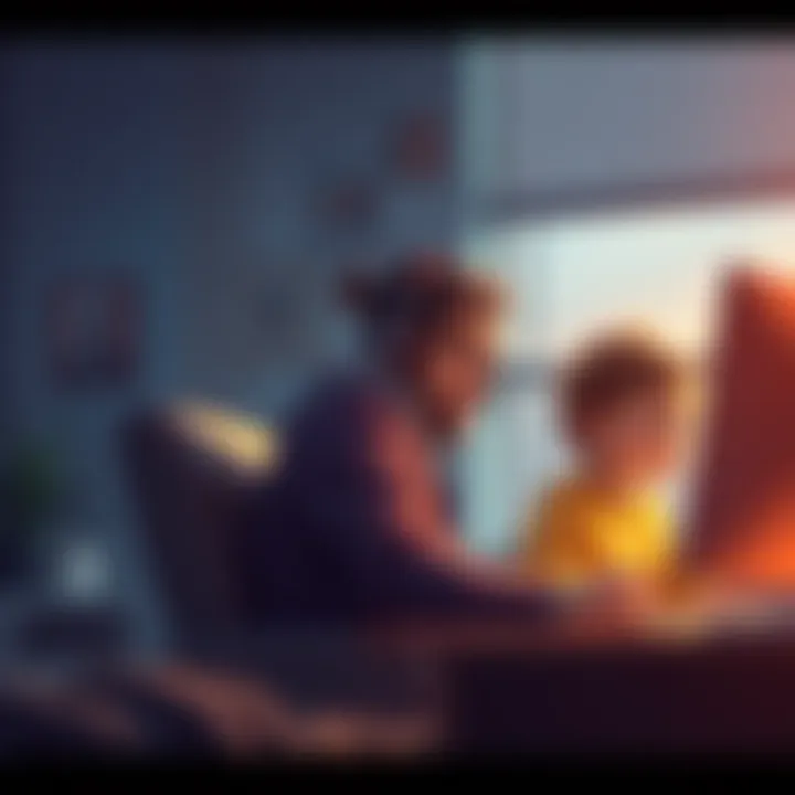 Father sitting at computer looking surprised while toddler plays nearby