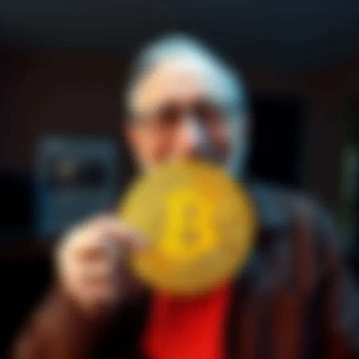 Dad holding Bitcoin symbol A 63-year-old man smiling while holding a Bitcoin symbol, happy to join the cryptocurrency community.