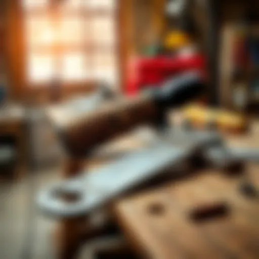 An old tool belonging to a father resting on a wooden workbench with some repair materials nearby