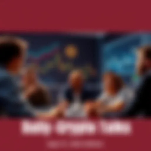 A group of people engaged in a lively discussion about cryptocurrencies, sharing ideas and warning about scams, with charts and graphs in the background.