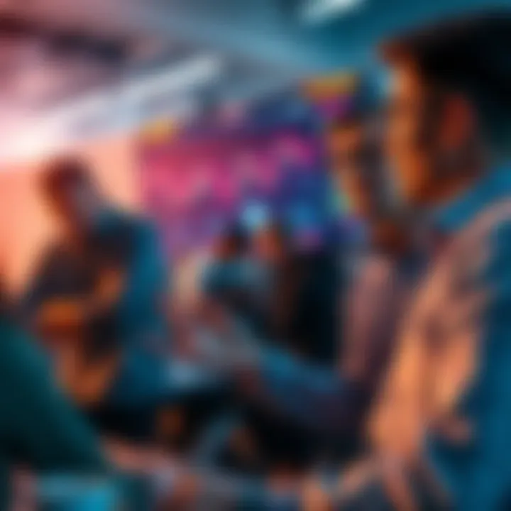 People engaging in discussion about DeFi and cryptocurrencies, with charts and Ethereum logos visible.