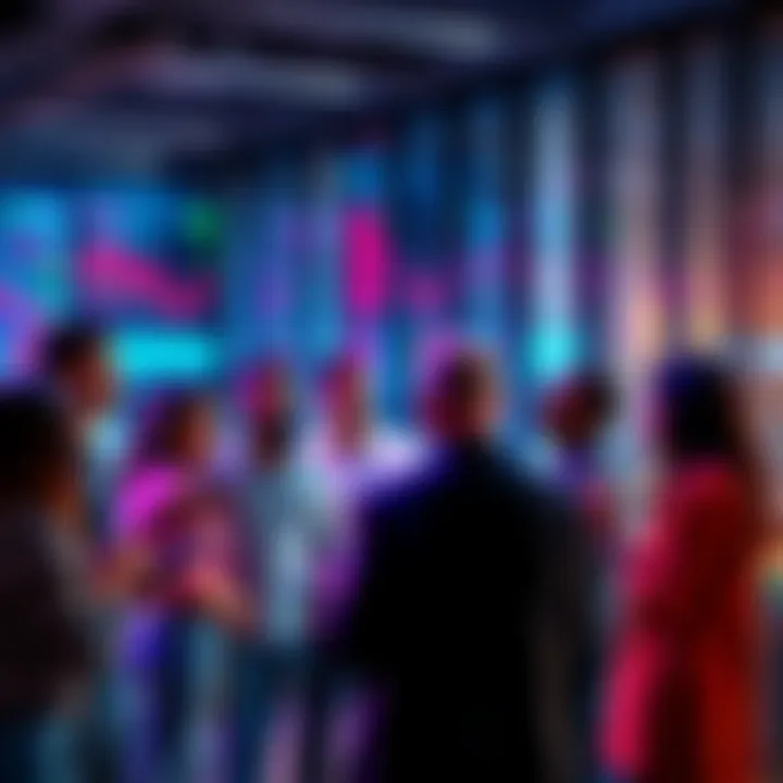 A diverse group of people actively discussing financial markets and trading strategies in a modern setting.