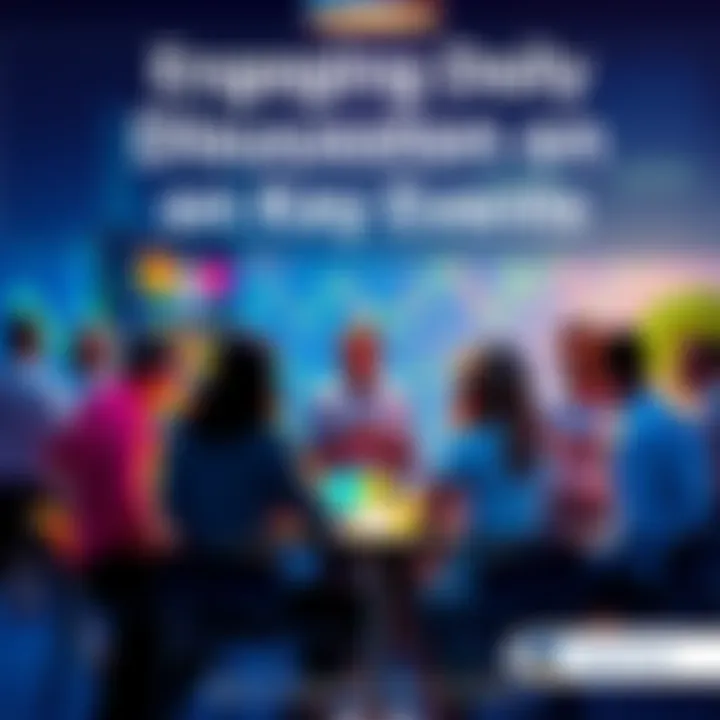 Group of people engaging in conversation about trading strategies and current events