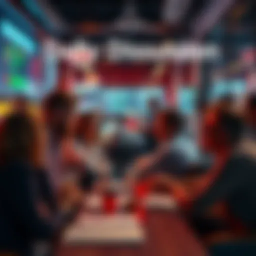 A group of people engaging in a lively discussion about trading strategies and recent events in a casual setting
