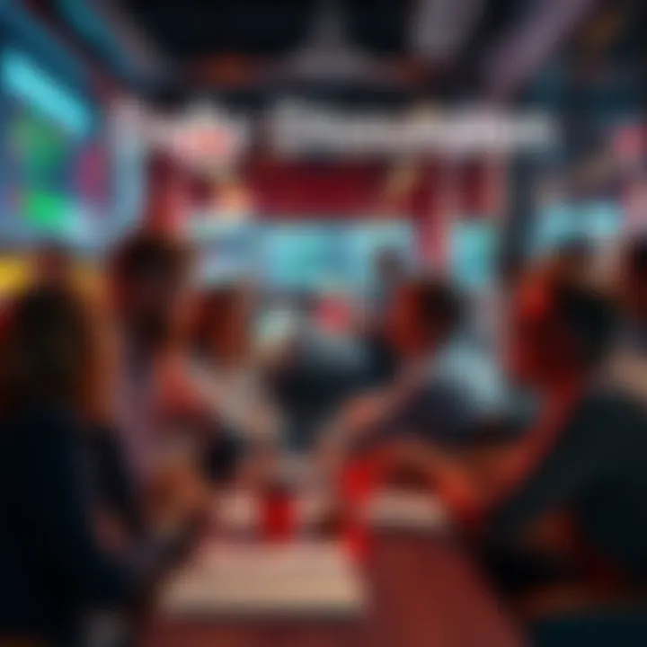 A group of people engaging in a lively discussion about trading strategies and recent events in a casual setting