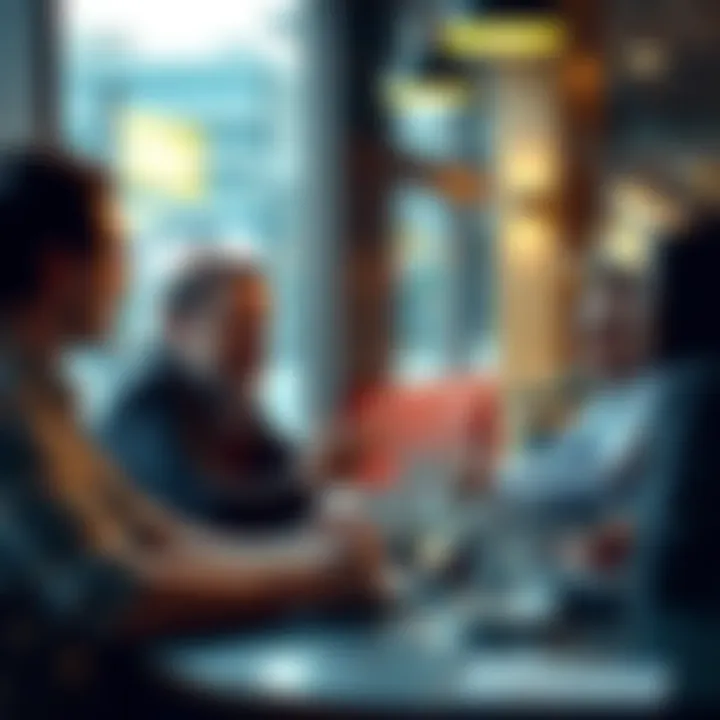 A group of people engaged in a spirited discussion about trading ideas and market events at a café