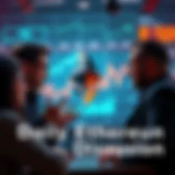 People engaging in a conversation about Ethereum with charts and news highlights in the background