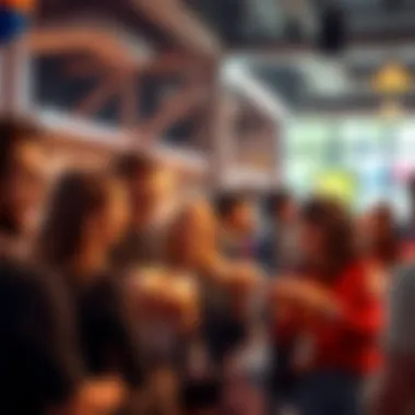 People discussing donuts A group of people happily engaging in conversation about donuts in a lively atmosphere