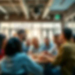 A group of people engaged in a lively discussion about various topics, including donuts, in a casual setting