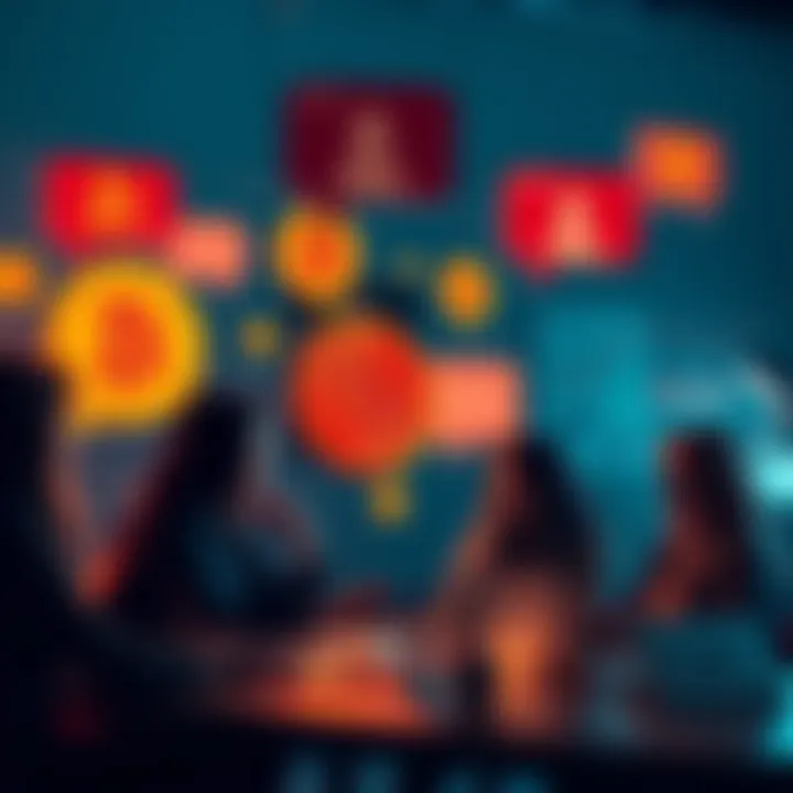 People engaging in a lively discussion about Bitcoin with conversation bubbles and laptops