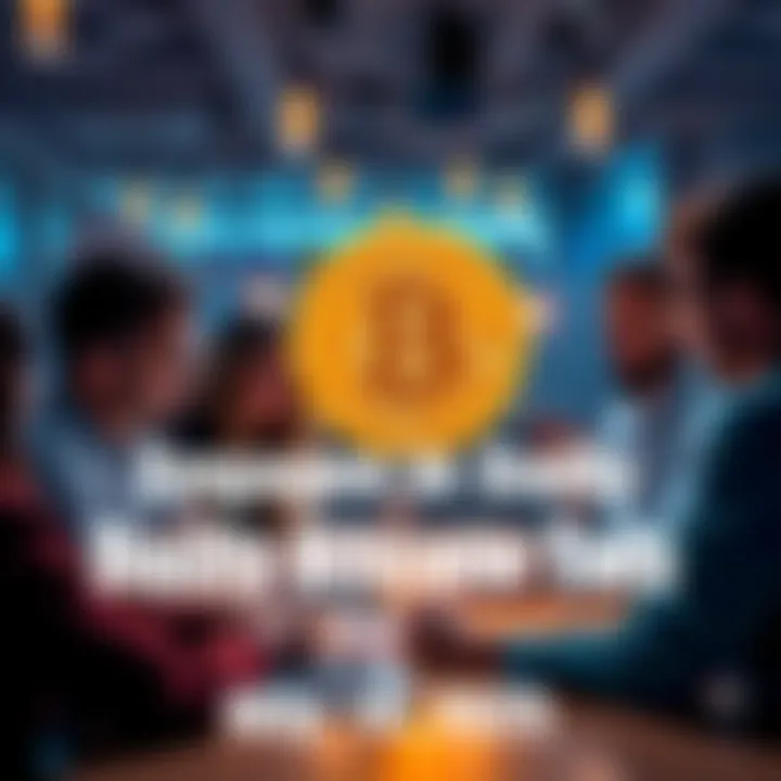 A group of people engaging in a lively conversation about Bitcoin, with laptops and smartphones in hand, sharing ideas and insights.