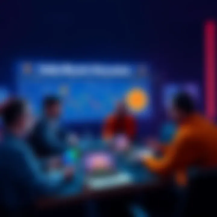 Group of people discussing Bitcoin with charts and laptops