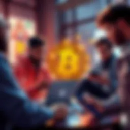 Daily Bitcoin Discussion A group of people discussing Bitcoin, sharing ideas and questions, with laptops and smartphones around them.