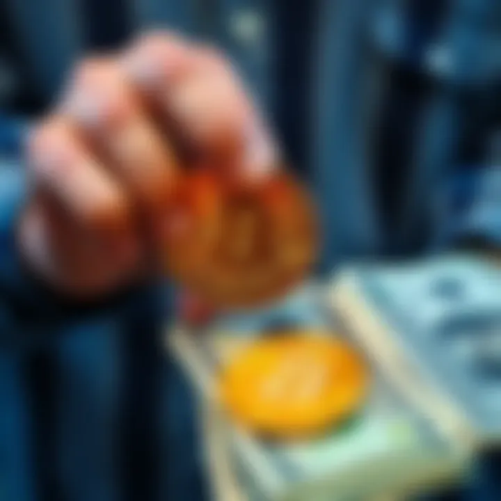 A person holding a Bitcoin coin and counting dollar bills, symbolizing daily investments in Bitcoin.