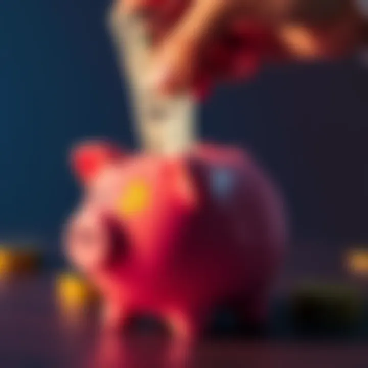 A person placing a dollar bill in a piggy bank with the Bitcoin logo on it, symbolizing daily investment in cryptocurrency.