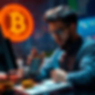 Daily Bitcoin Investment Strategy An investor planning Bitcoin purchases, holding a phone displaying a price chart, with a notepad and pen for notes about market dips.