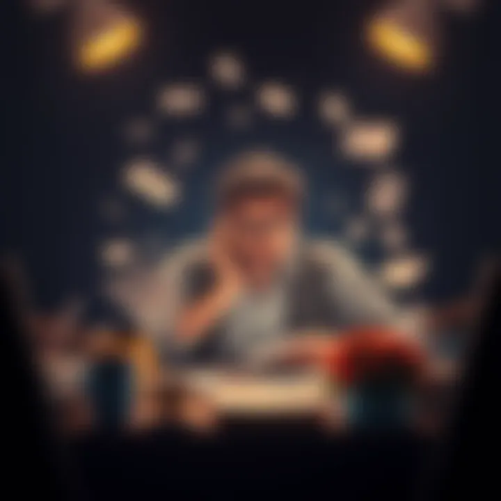 Daily Challenges A person brainstorming new solutions while surrounded by everyday obstacles like paperwork and coffee cups.