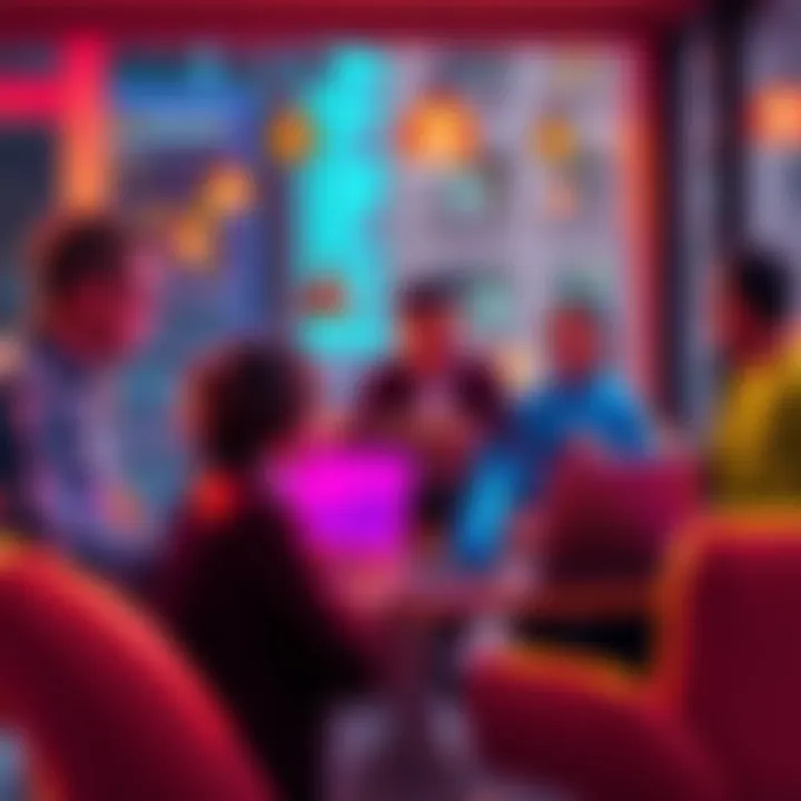 A group of people discussing cryptocurrency with laptops and charts in a casual setting.