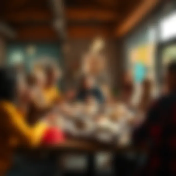A group of people chatting around a table filled with donuts, emphasizing friendly discussions.