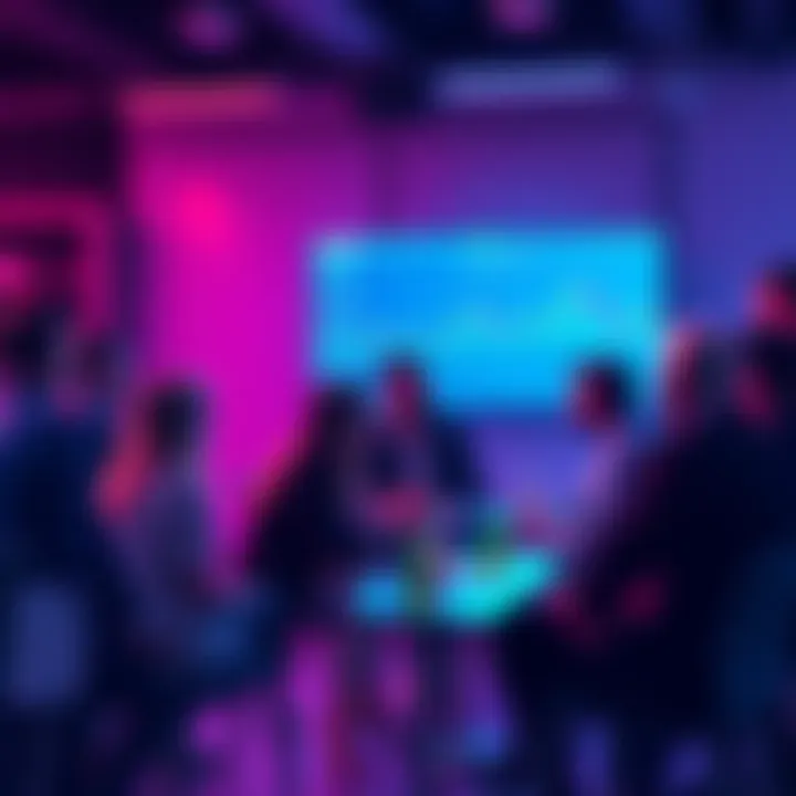 A group of people engaged in a lively discussion about current events and trading strategies, with a digital screen showing tips via the Lightning Network.