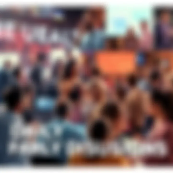 A collage of lively discussions on various online forums, showcasing people exchanging ideas and trending topics.