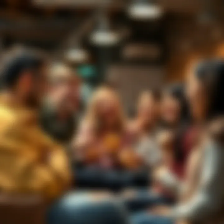 A cheerful group of people chatting and enjoying donuts in a lively community setting.