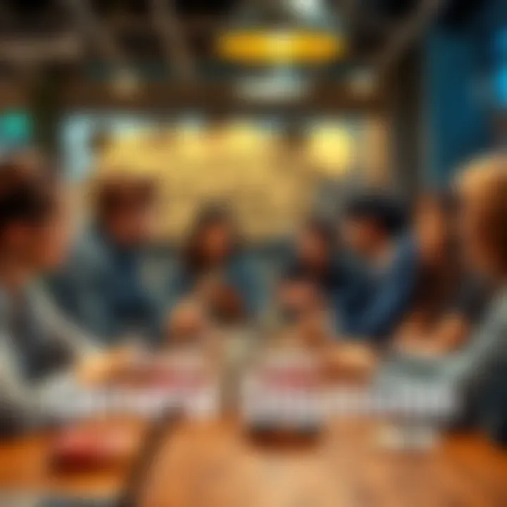 People engaging in a lively discussion with donuts on the table