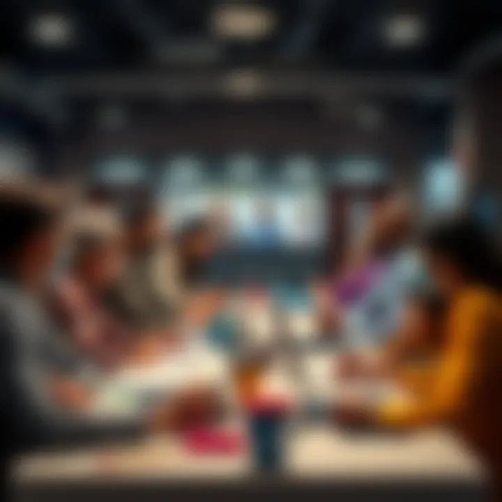 A group of diverse people engaging in conversation around a table with laptops and notebooks at a community forum