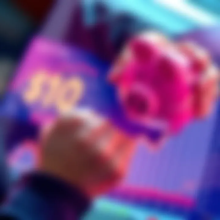 A person holding a piggy bank while looking at a chart showing daily investments over time.