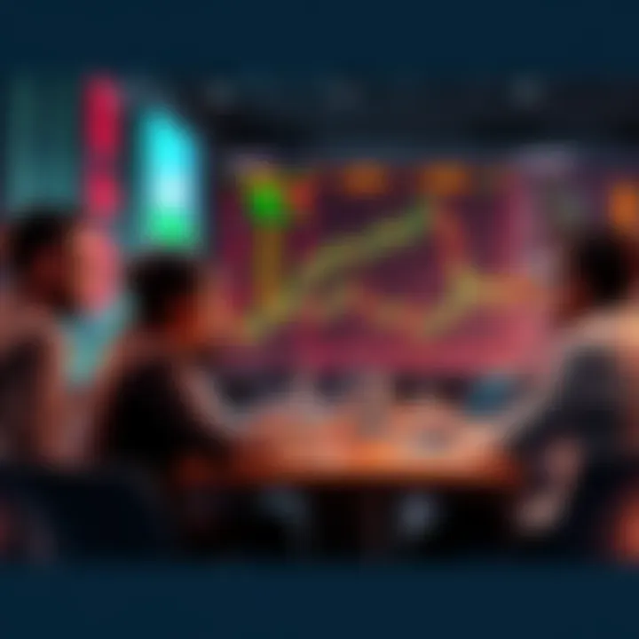 A group of people discussing trading strategies and market analysis at a table with charts and graphs in front of them.