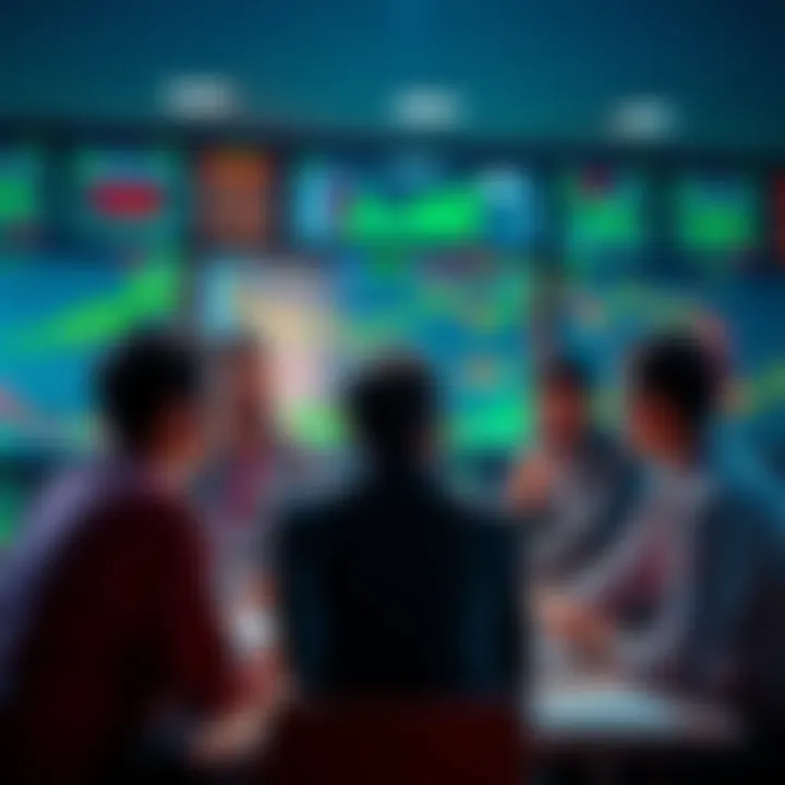 A group of people engaged in a lively discussion about trading strategies and current events, with charts and graphs displayed on a screen in the background.