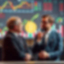 Ray Dalio and Michael Saylor engage in a heated debate about Bitcoin’s safe-haven status with graphs and charts in the background showing cryptocurrency trends.