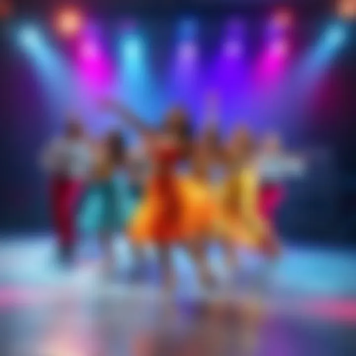 A group of dancers in colorful outfits performing a synchronized routine on stage, showcasing various dance moves in a lively setting.