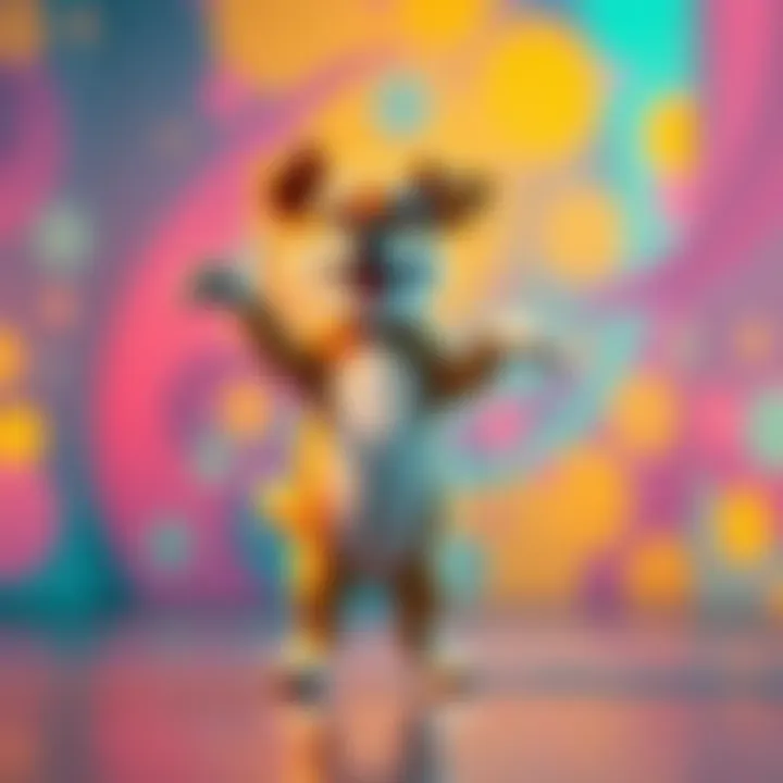 A cartoon-style dog dancing with a colorful background, representing the popular meme trend.