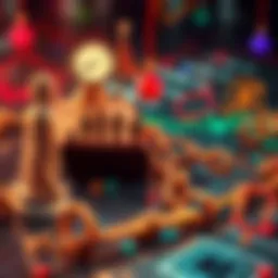 A digital representation of DAOs struggling with governance featuring abstract icons of people voting, airdrop symbols, and broken chains representing community ownership issues.