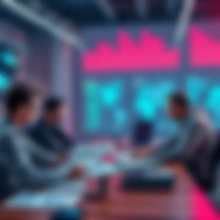 A group of developers discussing compliance and tax strategies for decentralized app payments, with charts and documents on the table.