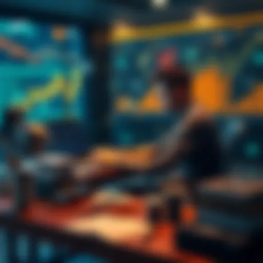 A developer sitting at a desk with a laptop, analyzing payment transactions for decentralized applications, surrounded by digital symbols of finance and regulations.