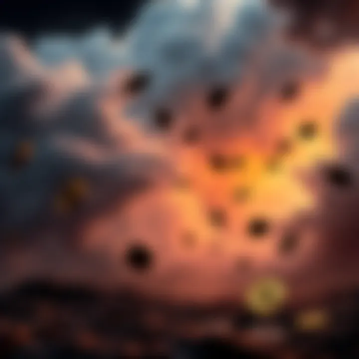 A visual representation of a downward trend in cryptocurrency, with ominous clouds and falling coins, symbolizing the recent market crash.