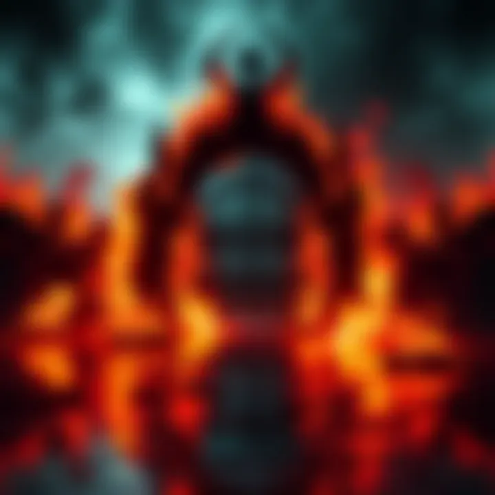 A dark gate surrounded by flames A shadowy gate engulfed in flames, symbolizing the journey to hell's gate, with eerie reflections illustrating life and afterlife thoughts.