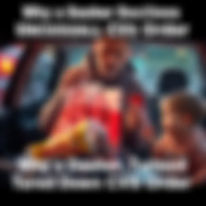 A dasher holds a CVS bag containing a sex toy and a candy bar, looking puzzled with a child by their side, parked in a driveway.