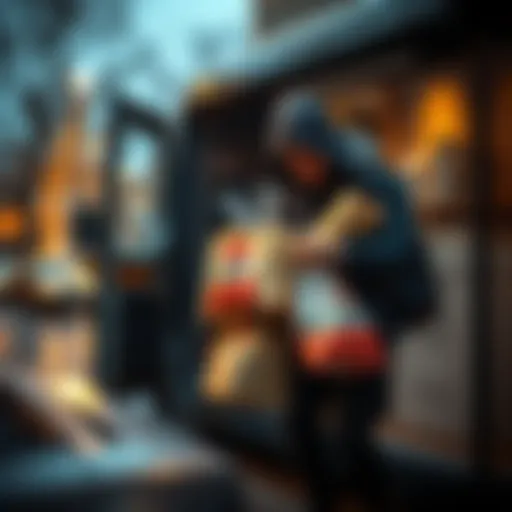 A Dasher taking grocery bags from a customer's doorstep, leaving behind an empty delivery vehicle