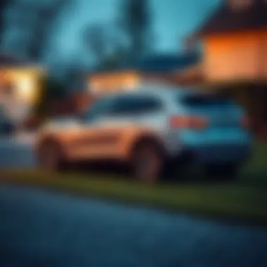 A Dasher's car parked on a homeowner's lawn next to a gravel driveway, showing the contrast between the lawn and the intended parking area