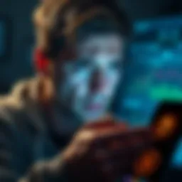 A worried individual looking at a phone with crypto symbols, representing concerns over data security and rising crimes in France.