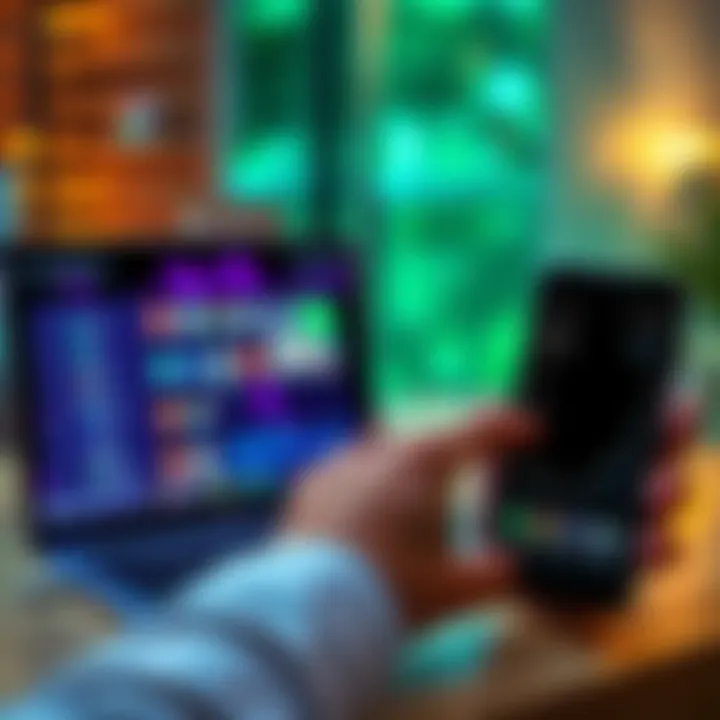 A person checking data usage on a Windows laptop and an Android phone, showing app icons and data graphs on the screens.