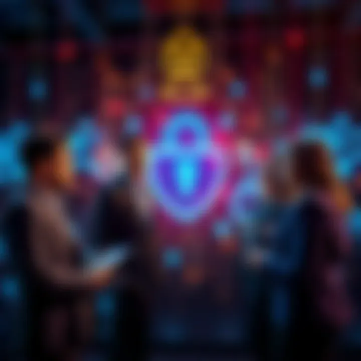 A business team discussing strategies to safeguard company data from large language models, with digital security symbols in the background.