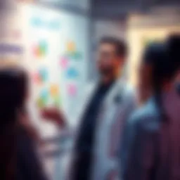 A data scientist looking for community input on a project proposal, standing in front of a whiteboard filled with notes and charts, encouraging discussion among a small group of people.
