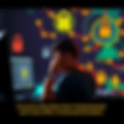 A worried person sitting in front of a computer, looking at digital locks and security icons.