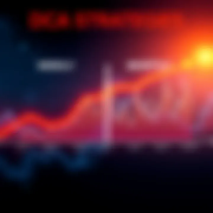 A chart showing the differences between weekly and monthly dollar-cost averaging strategies with arrows indicating trends in investment growth.