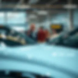 A dealer presenting a car at an auction, with interested bidders looking on and discussing among themselves.